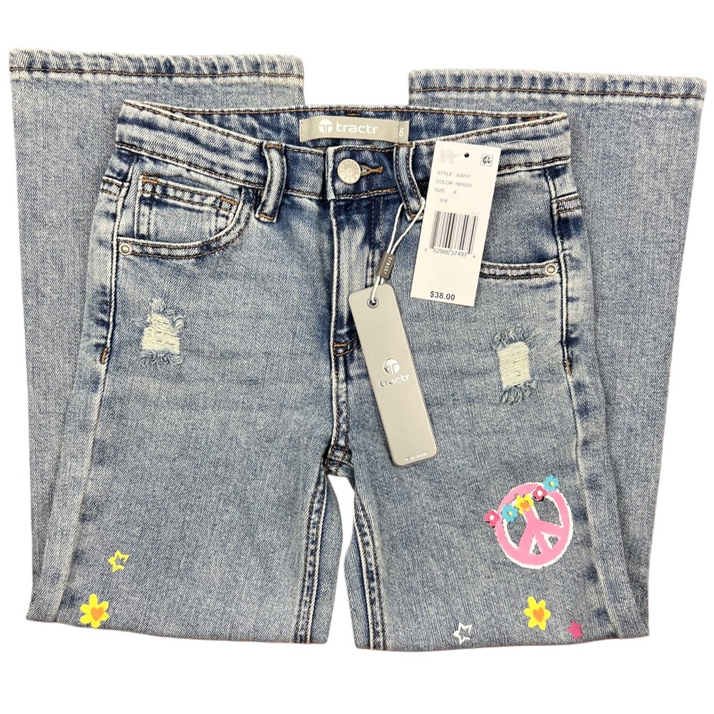 NWT Tractr Girls Size 6 Wide Leg Graphic Blue Jeans Peace Rainbow Painted Denim - Picture 3 of 6